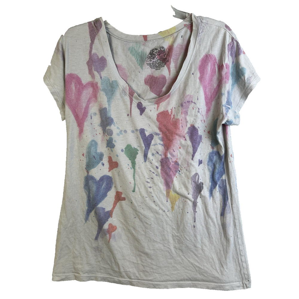 Stranded V Neck Tee Shirt Women XXL Dripping Hearts Artsy Y2K Gray Boho Festival